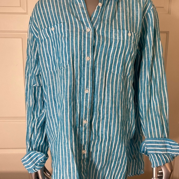 Lauren Ralph Lauren Blue Label Linen Button Front Shirt Stripe Women Size Large - Picture 5 of 10